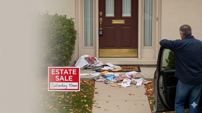 A weary man arrives by car at a deceased parent's empty house, with unopened mail scattered across the doorstep and an estate-sale sign in the yard